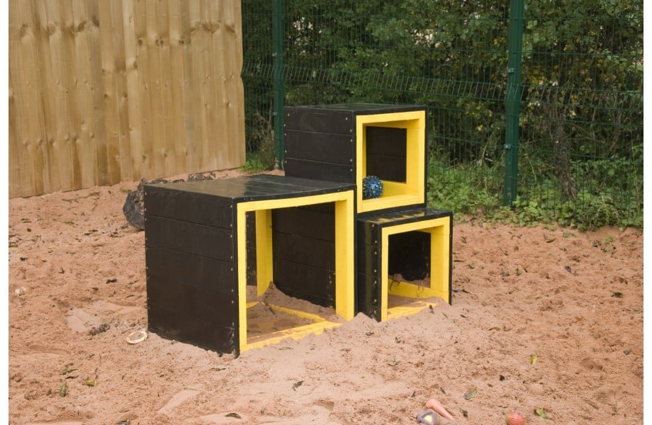 3 black and yellow Dog Agility Cubes in various sizes